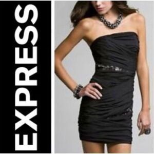 Womens Express Strapless Ruched Lace Black Silk Cocktail Evening Dress - Sz 10